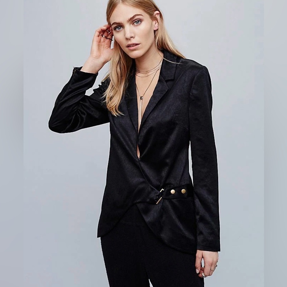Free People Dorothea Black Satin Asymmetrical Blazer Gold Buckle XS